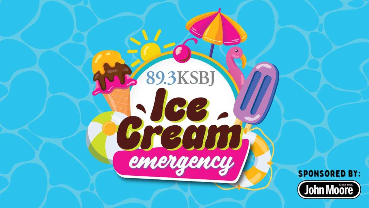 Colorful summer-themed graphic for KSBJ's "Ice Cream Emergency" event, featuring ice cream, popsicle, beach balls, umbrella, flamingo float, and John Moore sponsorship logo.